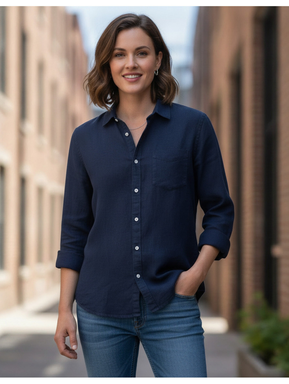 Caslon Navy Blue Long Sleeve Button-Up Shirt, Size Small